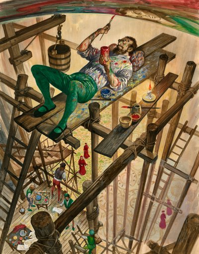 米开朗基罗画在罗马西斯廷教堂的天花板上，教皇从远处观看 作者 彼得·杰克逊