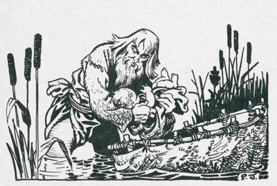 威尔士最伟大的吟游诗人塔利辛，1500 年前在一个帆船中被发现（石版画） 作者 彼得·杰克逊
