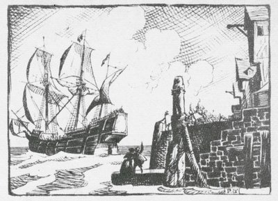 1620 年从南安普顿出发的五月花号（石版画） 作者 彼得·杰克逊