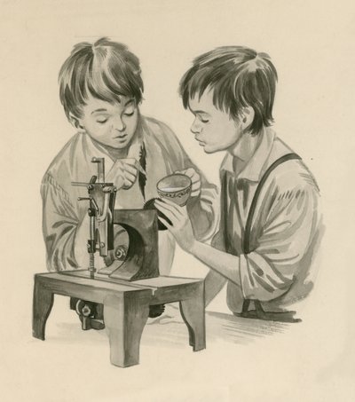 作为男孩的莱特兄弟，用羽毛将水滴入缝纫中 作者 彼得·杰克逊