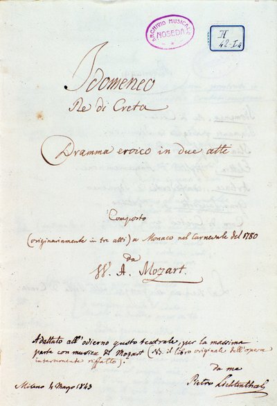 Lichtenthal 改编自莫扎特的《Idomeneo, Re di Creta》的第一页 作者 彼得·利希滕塔尔（Peter Lichtenthal）