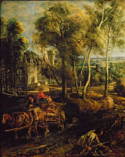 秋天风景以Het Steen为目的在清早，c1636油在211075的盘区细节 作者 彼得·保罗·鲁本斯