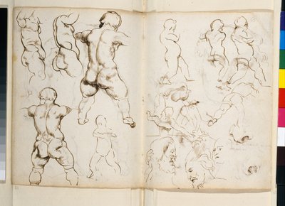 罗马大理石《叼鹅男孩》的背面，保存在查茨沃斯记录中的遗失的 "画册 "中，第 64v-65r 页（纸张上的钢笔和墨水）。 作者 彼得·保罗·鲁本斯