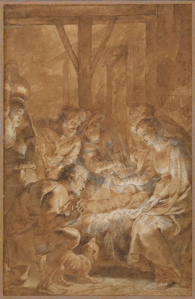 牧羊人的崇拜，c.1613-4（笔和棕色墨水，棕色水洗和白色水粉） 作者 彼得·保罗·鲁本斯
