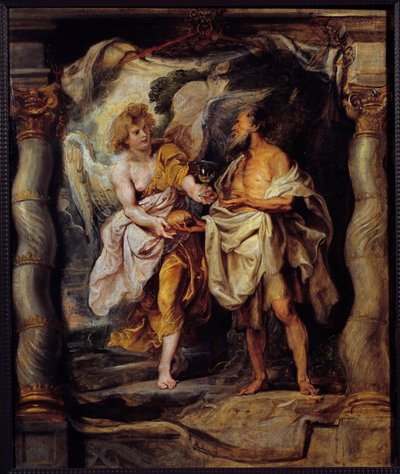 先知以利亚从天使那里获得面包和水 画作 Pierre Paul (Pierre-Paul) Rubens (或 Peter Paul 或 Petrus Paulus) (1577-1640) 17 世纪太阳。 0,53x0,63 m 巴约讷，博纳博物馆 作者 彼得·保罗·鲁本斯
