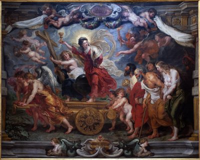 The triumph of the Catholic faith. Allegory of the triumph of the Eucharist over nature, science, philosophy and poetry. A woman mounted on a tank holds a chalice topped by a host, symbol of the Eucharist. Angels hold symbols of the Passion: cross, crown o 作者 彼得·保罗·鲁本斯