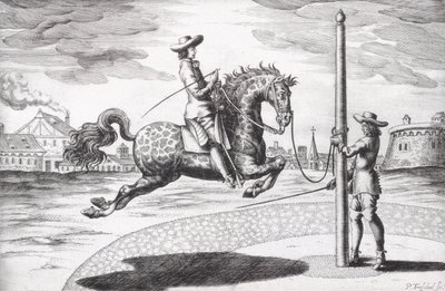 来自Winters，Stuterey和Reit-Schul撰写的New Treatise for Breating Horses的Horse en Capriole，由艺术家，酒吧雕刻。 1672年雕刻 作者 彼得·保罗·特洛斯切尔