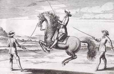 马en Croupade的例证从新的论文为冬天写的繁殖的马，Stuterey和Reit-Schul，客栈。 1672 作者 彼得·保罗·特洛斯切尔