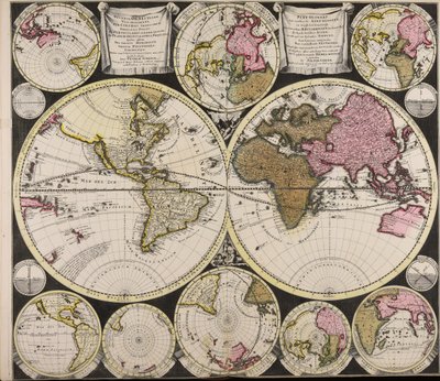 Diversa orbis Terrae visu incedente per coluros Tropicorum ambos ejus polos et particularis sphaerae zenith in planum orthographica projectio quibus additae pro variato horizonte omnium positiones eorumdemque mutua cum circulis caelestibus relatio  Plat O 作者 彼得·申克