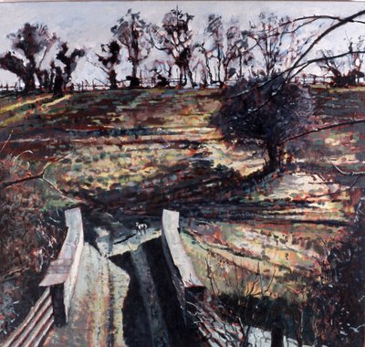 桥与狗，2000 年（布面油画） 作者 彼得·威尔逊
