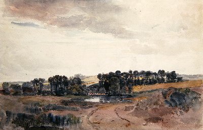 池边的树木和牛的风景（纸上水彩画） 作者 彼得·德温特