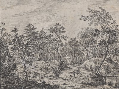 森林景观，中间是一个骑手在和一个男人对话，右边是一座天桥，1716年。 作者 彼得·冯·贝梅尔