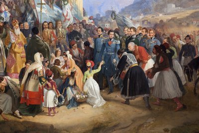 希腊国王奥通一世（1815-1876）进入雅典娜，在亚戈拉的赫菲斯托斯（Hephaisteion）（Hephaestus）或忒西昂（Theseion）神庙前受到群众欢迎（希腊 作者 Peter von Hess