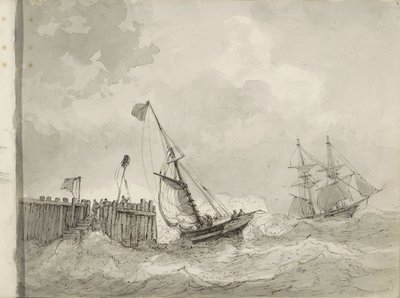 停泊处的两艘帆船 作者 Petrus Johannes Schotel (圈子)
