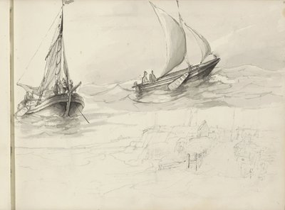 两艘帆船与海上人物 作者 Petrus Johannes Schotel (圈子)