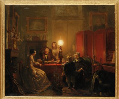 1854年，一家人围在灯火通明的桌子旁 作者 Petrus Kiers