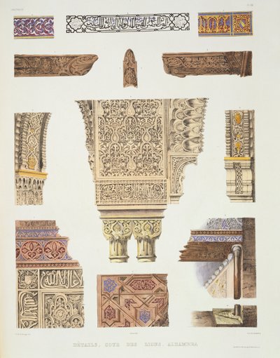 狮子宫，阿罕布拉宫的细节，来自&39;纪念品格拉纳达和阿尔罕布拉宫&39;，由Benard und Frey雕刻，出版于1836-37 作者 菲利伯特·约瑟夫·吉罗·普兰吉