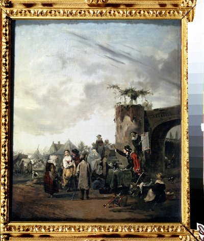 "庸医"，一个骗子在村庄广场上号召居民购买神奇药丸。Philibert Louis Debucourt（1755-1832 年）的画作，约 1780 年莫斯科普希金博物馆 作者 菲利伯·路易斯·德布科特