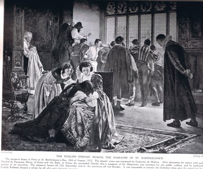 圣巴塞洛缪大屠杀期间的英国大使馆，来自“哈钦森国家历史”的插图 作者 菲利普·赫莫金斯·卡尔德隆