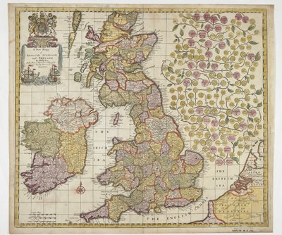 英格兰、苏格兰和爱尔兰新地图》，约 1690 年（彩色版画） 作者 菲利普·利亚