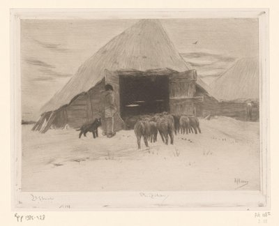 牧羊人带领羊群进入谷仓
Grange dans la neige（原标题） 作者 菲利普·齐尔肯（艺术家签名）