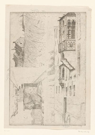 有房屋的麦田和城镇房屋的两幅景色
A Vleurgat; Champ de Blé / Rue Haute / Etude de la bretêche de l