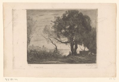 树下长笛演奏者的风景和城市的轮廓 晚报（原名） 作者 Camille Corot（艺术家签名）