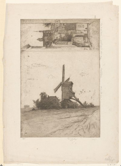 草地景观中的磨坊和布鲁塞尔拉文施泰因街的景色
Vieux moulin a Laeken / Rue Ravenstein（布鲁塞尔）（原标题） 作者 菲利普·齐尔肯（艺术家签名）