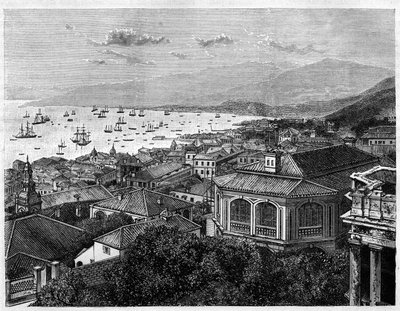 香港湾的景色。根据Benoist的画作进行的雕刻，载于 "Le Tour du Monde, Nouveau journal des Voyages"，由Edouard Charton编辑，巴黎。 作者 菲利普·贝诺斯特