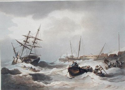 马盖特附近的风暴，来自《英格兰和威尔士的浪漫和风景》，1805年出版（彩色雕刻）。 作者 菲利普·德（后）卢瑟堡