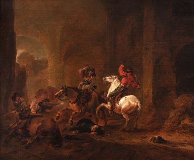 强盗在废墟中的小路上伏击旅行者，c.1635-50（面板油画） 作者 飞利浦Wouwermans或Wouwerman