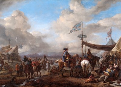 营地场景与号手和蹄铁匠的摊位（布面油画） 作者 飞利浦Wouwermans或Wouwerman