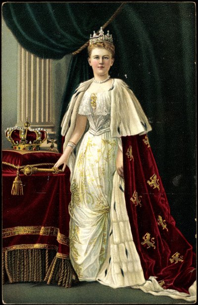 荷兰女王威廉敏娜（Ak Wilhelmina），头戴皇冠，手持花茎（黑白照片 作者 德国摄影师