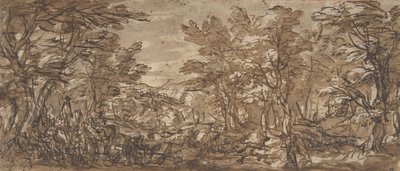 森林场景，左手边的停顿，中间的狩猎，1612-66。 作者 码头弗朗切斯科莫拉