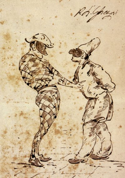 戏剧波利希内尔和哈莱金，喜剧中的人物。绘图者：Pietro Leone Ghezzi（1674-1755 年）。 作者 皮埃尔·利昂·盖兹