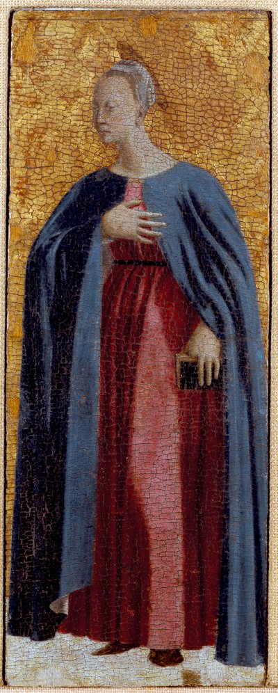 Polyptic of Misericorde: the Virgin of Misericorde, surrounded by saints. Detail depicting the Virgin of the Annunciation. Painting on wood by Piero della Francesca (1415/20-1492) 1445-1460 Dim. 54x21 cm Sansepolcro, Pinacoteca Comunale 作者 皮耶罗·德拉·弗朗西斯卡