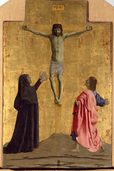 米塞里科德的息肉：米塞里科德的圣母，被圣徒包围。 Piero della Francesca (1415/20-1492) 1445-1460 Dim 的十字架木画上刻有“INRI”字样的受难细节。 81x52,5 厘米 Sansepolcro，Pinacoteca C 作者 皮耶罗·德拉·弗朗西斯卡