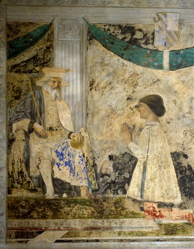 西吉斯蒙多（Sigismondo）的肖像 潘多福-马拉特斯塔（1417-1468）在圣西吉斯蒙多（Sigismondo）前祈祷。Pietro di Benedetto dei Franceschi dit Piero della Francesca（1422-1492）的壁画。 作者 皮耶罗·德拉·弗朗西斯卡