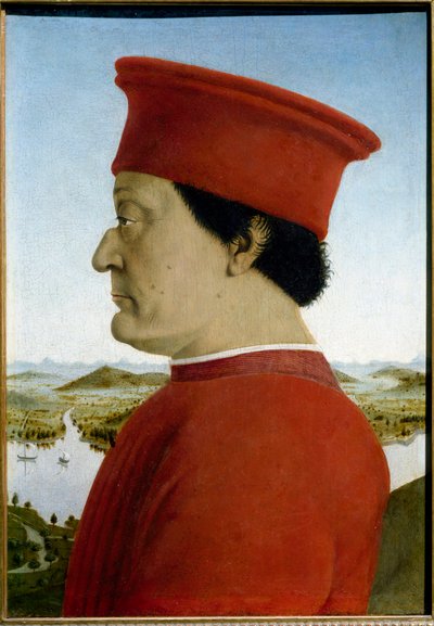Federico de Montefeltro、乌尔比诺公爵和巴蒂斯塔·斯福尔扎的肖像。 代表 Federico da Montefeltro 的细节 作者 皮耶罗·德拉·弗朗西斯卡