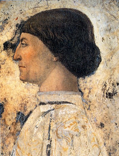 Sigismondo Pandolfo Malatesta壁画的细节在Tempio Malatestiano，里米尼，1451年 作者 皮耶罗·德拉·弗朗西斯卡