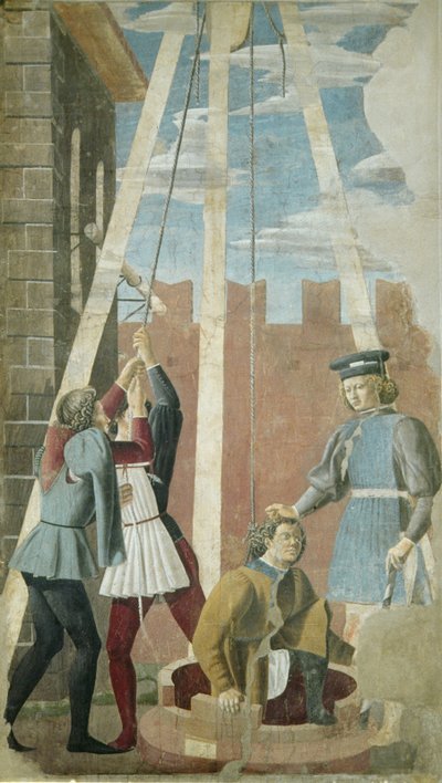 犹太人的酷刑：犹大被从井里拖出来，来自真正的十字循环，完成于 1464 年（壁画） 作者 皮耶罗·德拉·弗朗西斯卡