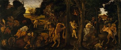 狩猎场景，约 1494-1500 年（钢笔画和油画转印到砖石上） 作者 皮耶罗迪科西莫