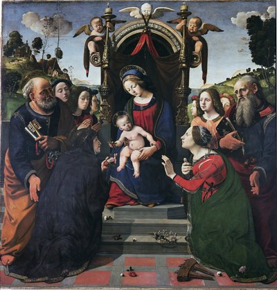 圣母和孩子在圣徒包围的宝座上（油画和蛋彩画板，约1493年 作者 皮耶罗迪科西莫