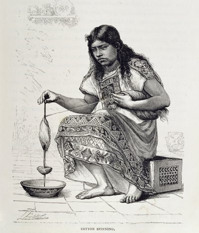 棉纺，选自 Claude-Joseph-Desire Charnay 所著《新世界的古城》，1887 年出版（雕版印刷）。1887 年（雕刻） 作者 皮埃尔（之后）弗里特尔