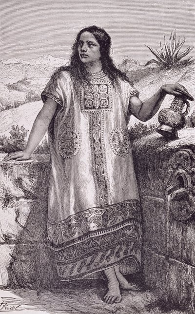 年轻的托尔特克女孩，选自 Claude-Joseph-Desire Charnay 所著《新世界的古城》，1887 年出版（版画）。1887 年（雕刻） 作者 皮埃尔（之后）弗里特尔