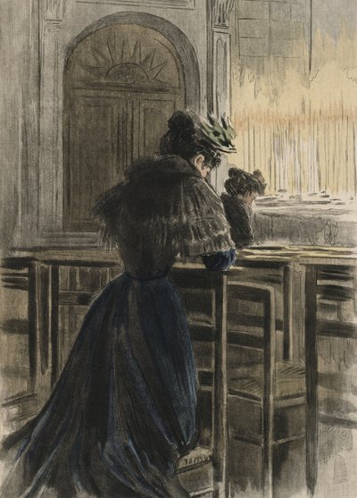 教堂里的祈祷，来自 Octave Uzanne (1851-1931) 1894 年《La Femme a Paris》的插图（彩色雕刻） 作者 皮埃尔（后）比达尔