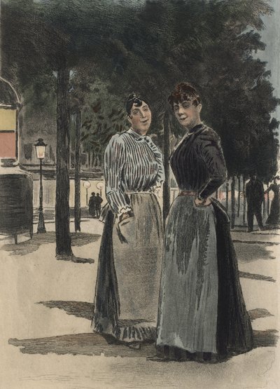 大道上的两个普通女人，插图来自奥克塔夫·乌赞（Octave Uzanne，1851-1931）1894 年的《La Femme a Paris》（彩色雕刻） 作者 皮埃尔（后）比达尔