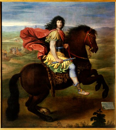 路易十四（37 岁）的马术肖像。 法国国王路易十五，被称为 Le Bien Aime (1710-1774)，代表身着盔甲，穿着凉鞋，手持一根带有百合花的蓝色手杖。 Pierre Mignard 工作室的绘画（1612-1695） 作者 皮埃尔（米尼亚尔工作室）