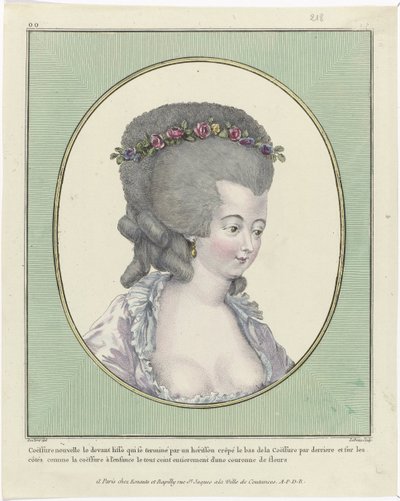 盘发、头巾、帽子和礼帽：十一种盘发和头饰
Gallerie des Modes et Costumes Français, 1781, oo 218: Coëffure nouvelle le devant (...) 作者 Esnauts 和 Rapilly