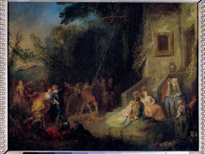 5 月种植传统节日，其中包括在 5 月种植一棵树。 绘画归因于 Pierre-Antoine Quillard（约 1701-1733）18 世纪。 太阳 0,37x0,45 m 作者 皮埃尔·安托万（饰）奎拉德